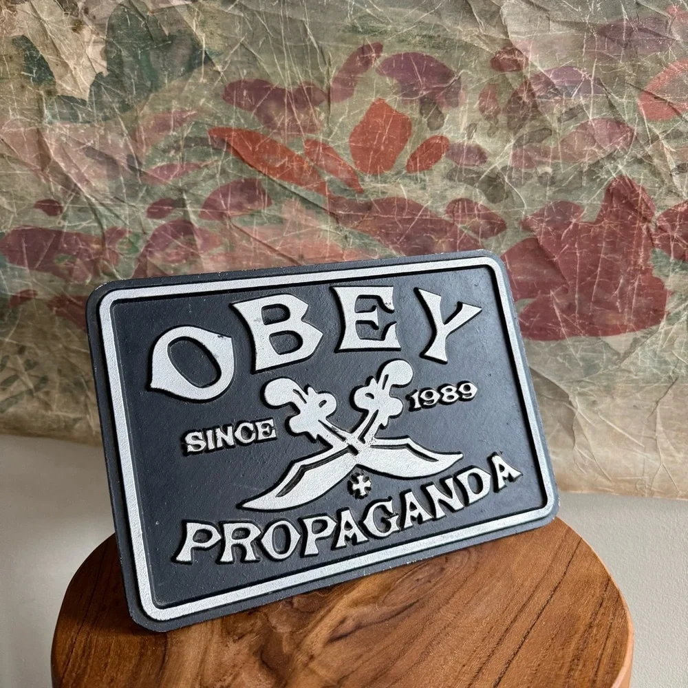 Obey Swords 2009 Shepard Fairey Die Cast Metal Sign Propaganda Plaque